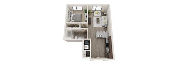 A floor plan of a small apartment with a living room, kitchen, and bedroom.