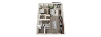 A top-down view of a small apartment layout with a kitchen, living room, and bathroom.