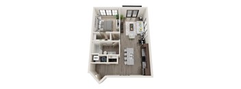 A top-down view of a small apartment with a kitchen, living room, and bathroom.
