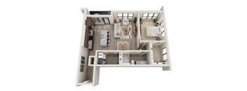 A 3D floor plan of a house with a living room, dining room, kitchen, and two bedrooms.