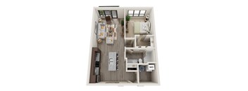A top-down view of a small apartment with a living room, kitchen, and bathroom.