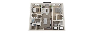 A 3D floor plan of a small apartment with a living room, kitchen, and two bedrooms.