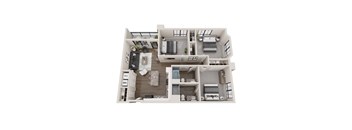 A top-down view of a two-bedroom apartment with a living room, kitchen, and bathroom.