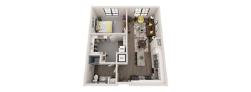 A top down view of a small apartment with a kitchen, living room, and bathroom.