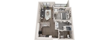A floor plan of a small apartment with a living room, kitchen, and bathroom.