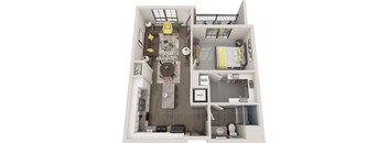 A floor plan of a small apartment with a living room, kitchen, and bathroom.
