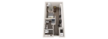 A small apartment with a bedroom, living room, and kitchen area.