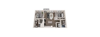 A top-down view of a small apartment with a kitchen, living room, and bedrooms.