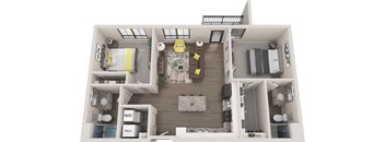 A top-down view of a small apartment with a kitchen, living room, and bedroom.