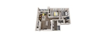 A 3D floor plan of a house with a living room, kitchen, and bathrooms.