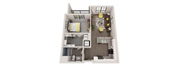 A 3D floor plan of a small apartment with a bedroom, living room, and bathroom.