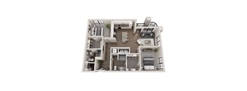 A 3D rendered image of a modern house layout.