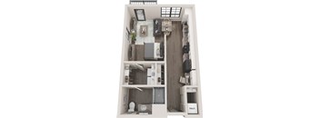 A top-down view of a small apartment with a kitchen, living room, and bathroom.