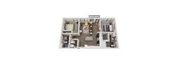 A top-down view of a small apartment layout with a living room, kitchen, and bedroom.