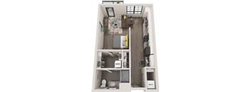 A top down view of a small apartment with a kitchen, living room, and bathroom.