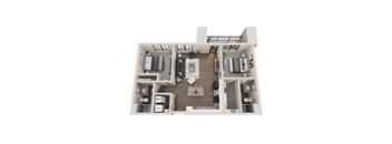 A top-down view of a modern apartment layout with a central living area, bedrooms, and a kitchen.