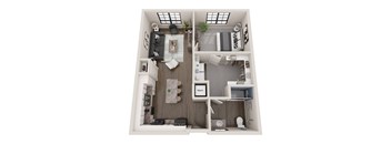 A top-down view of a small apartment with a kitchen, living room, and bathroom.