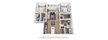 A 3D floor plan of a house with a living room, kitchen, and two bedrooms.