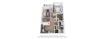 A 3D floor plan of a small apartment with a kitchen, living room, and bedroom.