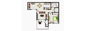A floor plan of a house with a kitchen, living room, and bathroom.