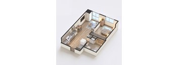 A 3D floor plan of a house with a kitchen, living room, and bathroom.