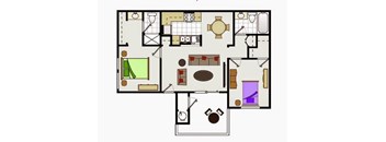 A floor plan of a house with a kitchen, living room, dining room, and bathrooms.