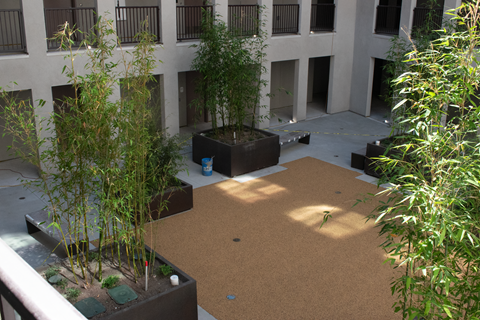 A courtyard with a cork floor and a few trees.
