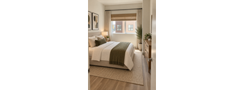 A bedroom with a large bed and a window with blinds.