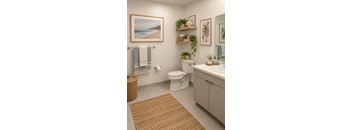 A bathroom with a toilet, sink, and a painting of a beach scene on the wall.