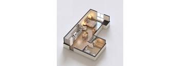 A 3D rendered image of a small apartment layout.