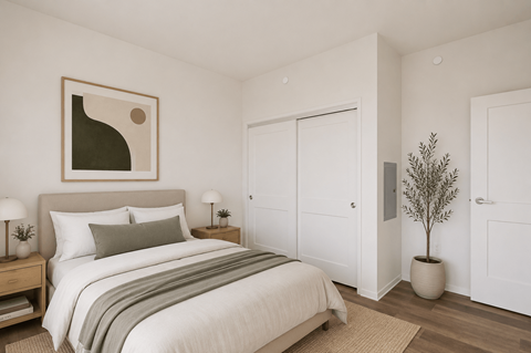 A bedroom with a large bed and a painting on the wall.