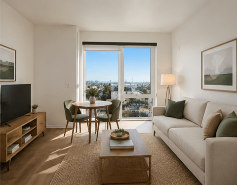A living room with a couch, a table, and a television.
