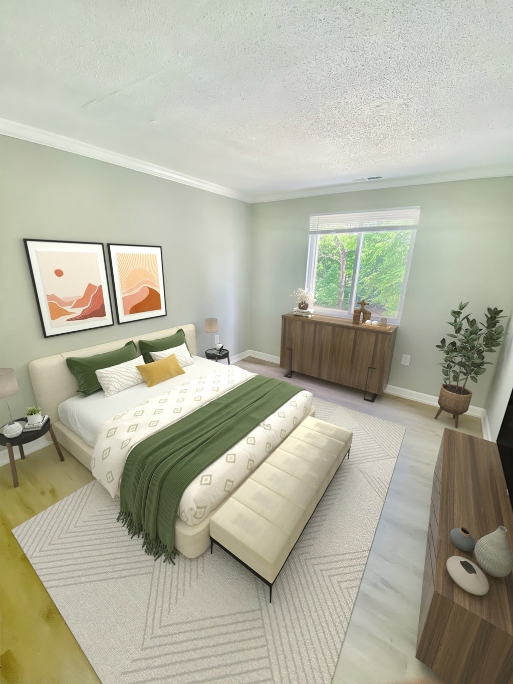 a bedroom with a bed and a dresser and a window