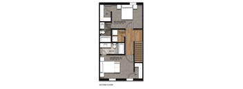A floor plan of a second floor showing two bedrooms, a bathroom, and a laundry area.