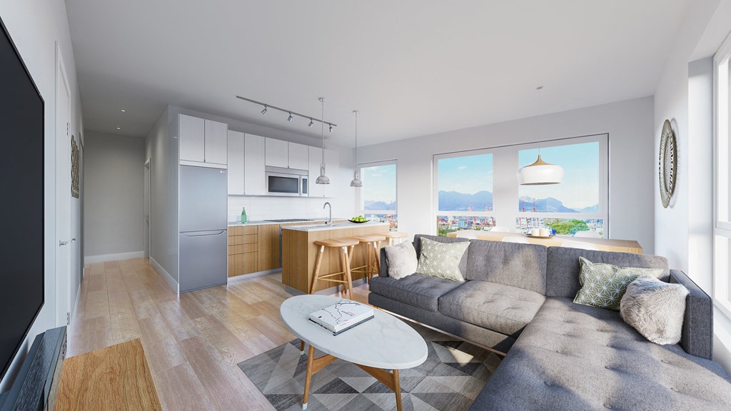 a living room with a couch and a table