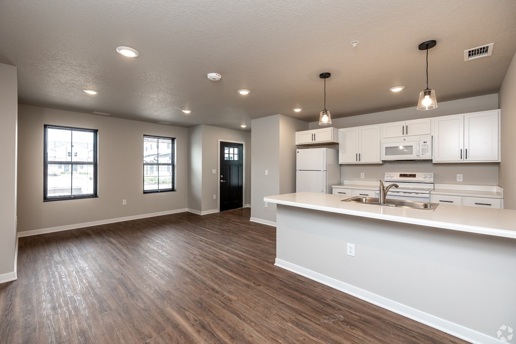 A kitchen area with a countertop and cabinets.