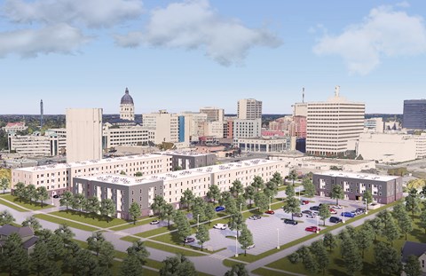 A cityscape with a mix of modern and traditional buildings, a large white dome structure, and a park with trees and a parking lot.