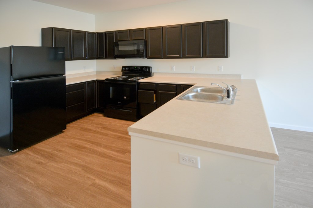A kitchen with black cabinets and a black fridge.at Union at 16th, Indianapolis, 46222