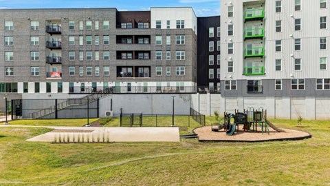Outdoor playground and community courtyard at Union at Rivers Edge Apartments, Des Moines