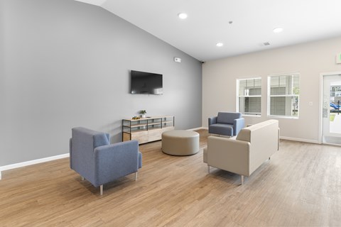 A living room with a grey sofa, a blue sofa, and a white ottoman.