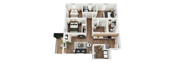 A top-down view of a modern apartment layout with a kitchen, living room, and bedrooms.