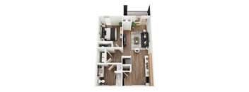 A top-down view of a small apartment with a kitchen, living room, and bathroom.