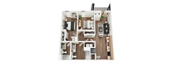 A top-down view of a modern apartment layout with a kitchen, living room, and bathroom.