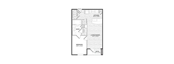 A floor plan of a small apartment with a living area, kitchen, bathroom, and bedroom.