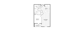 A floor plan of a house with a kitchen, bathroom, bedroom, and living/dining area.