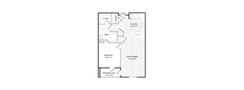A floor plan of a small apartment with a kitchen, living room, and bathroom.