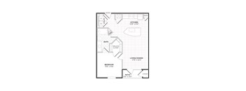 A floor plan of a house with a kitchen, living room, bedroom, bathroom, and patio.
