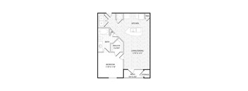 A floor plan of a small apartment with a bedroom, bathroom, kitchen, and storage area.