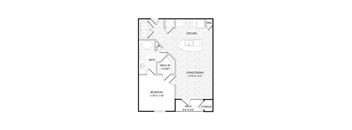 A floor plan of a small apartment with a living area, kitchen, bathroom, bedroom, and storage space.