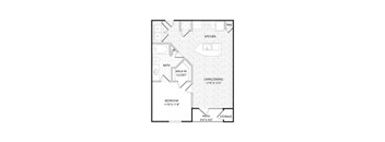 A black and white image of a floor plan for a small apartment.
